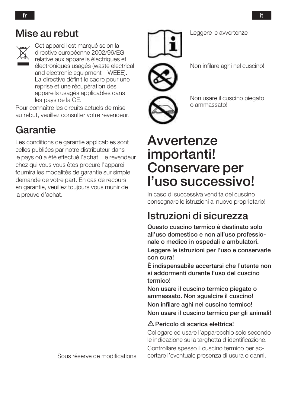 Mise au rebut, Garantie, Istruzioni di sicurezza | Bosch PFP5230 Heizkissen relaxxtherm active User Manual | Page 9 / 47