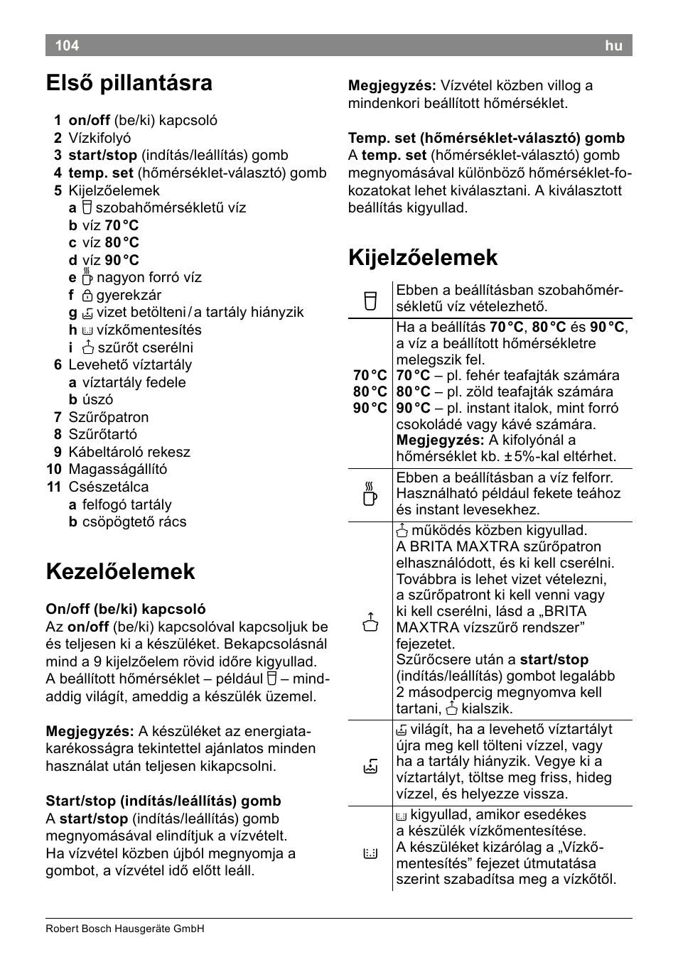 Első pillantásra, Kezelőelemek, Kijelzőelemek | Bosch THD2023 Heißwasserspender Filtrino FastCup User Manual | Page 104 / 116