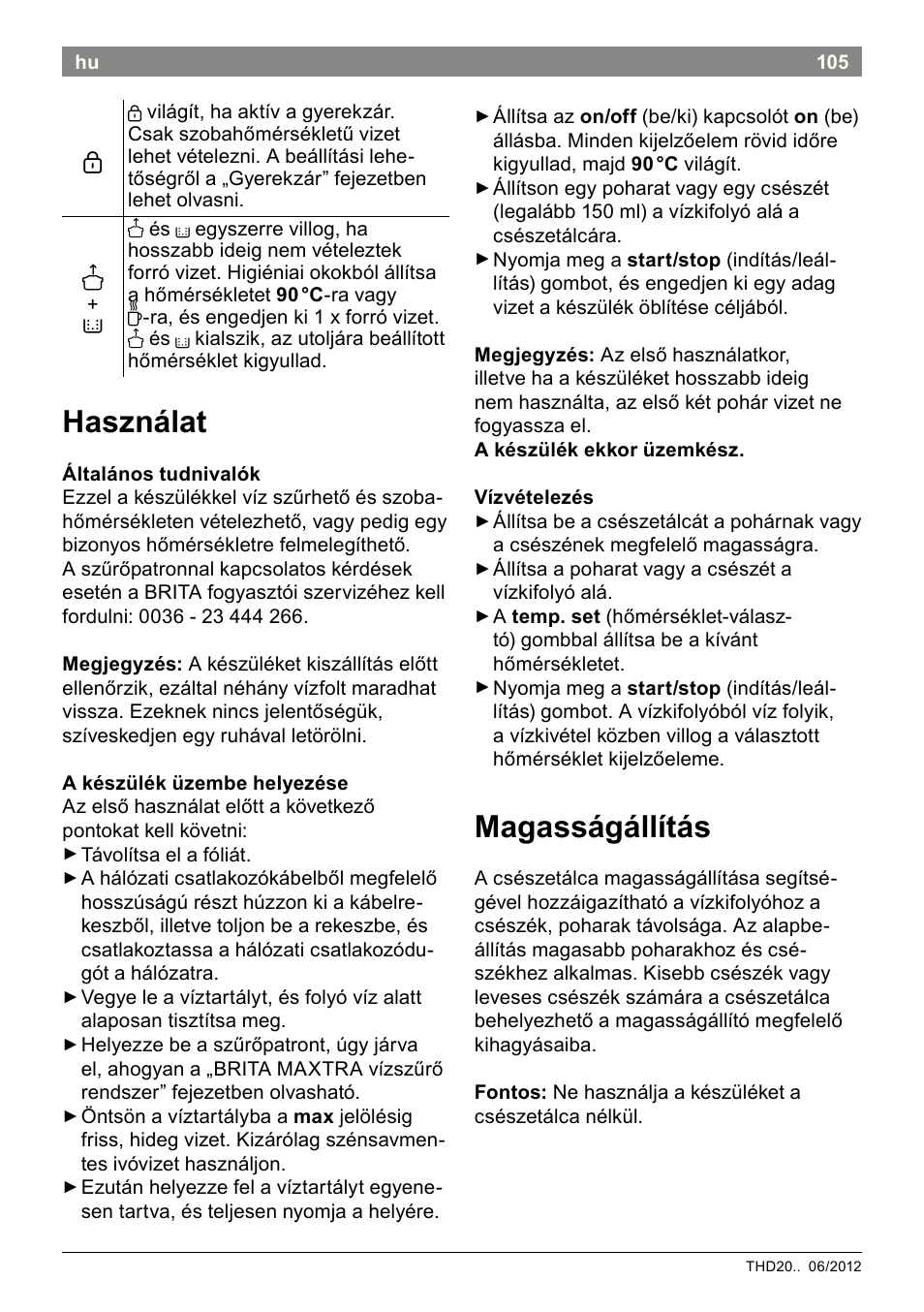 Használat, Magasságállítás | Bosch THD2023 Heißwasserspender Filtrino FastCup User Manual | Page 105 / 116