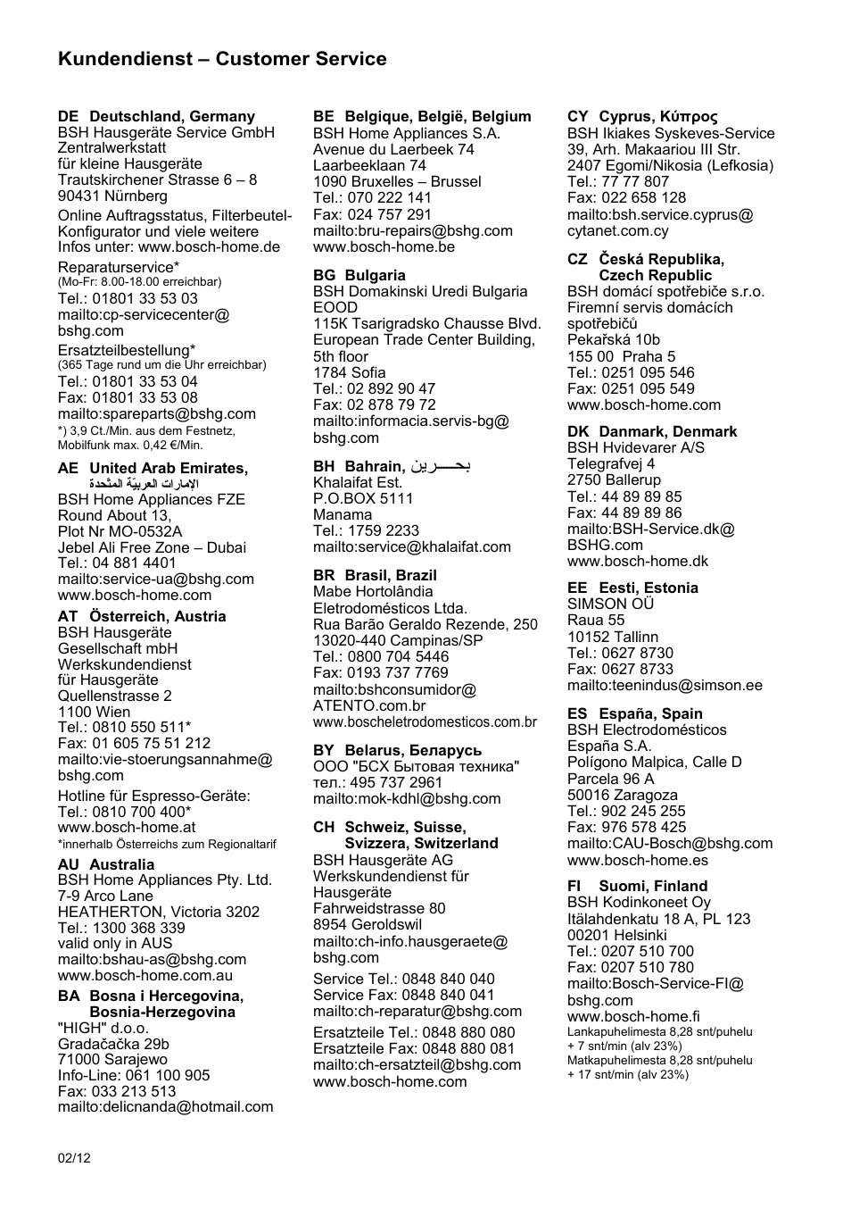 Kundendienst – customer service | Bosch THD2023 Heißwasserspender Filtrino FastCup User Manual | Page 112 / 116