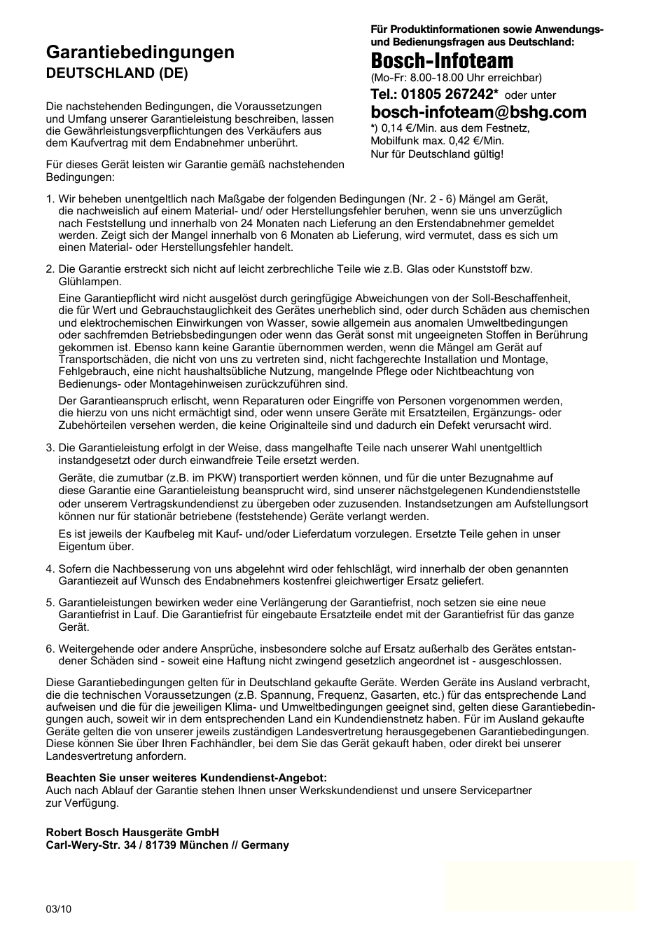 Bosch-infoteam, Garantiebedingungen, Deutschland (de) | Bosch THD2023 Heißwasserspender Filtrino FastCup User Manual | Page 115 / 116