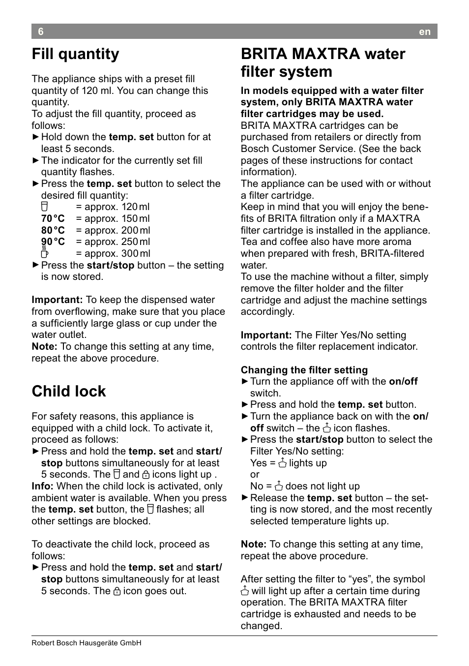 Fill quantity, Child lock, Brita maxtra water ilter system | Bosch THD2023 Heißwasserspender Filtrino FastCup User Manual | Page 16 / 116