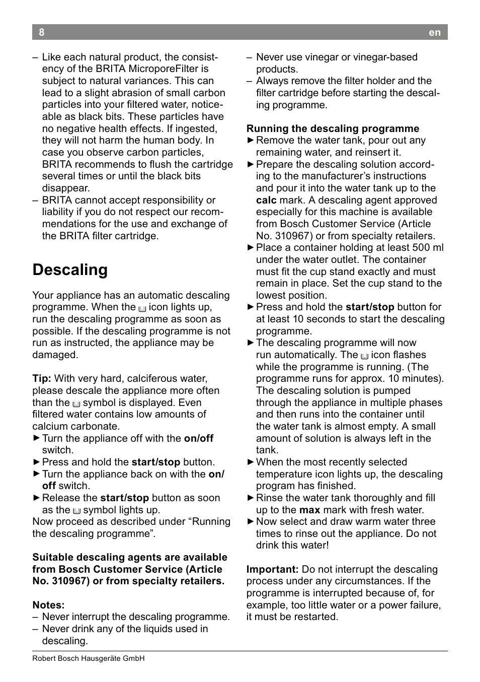 Descaling | Bosch THD2023 Heißwasserspender Filtrino FastCup User Manual | Page 18 / 116