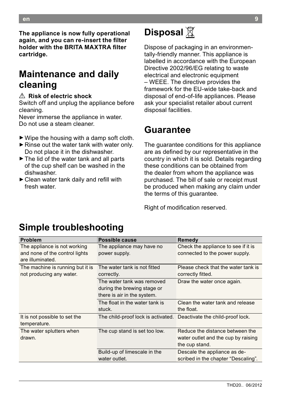 Maintenance and daily cleaning, Disposal, Guarantee | Simple troubleshooting | Bosch THD2023 Heißwasserspender Filtrino FastCup User Manual | Page 19 / 116