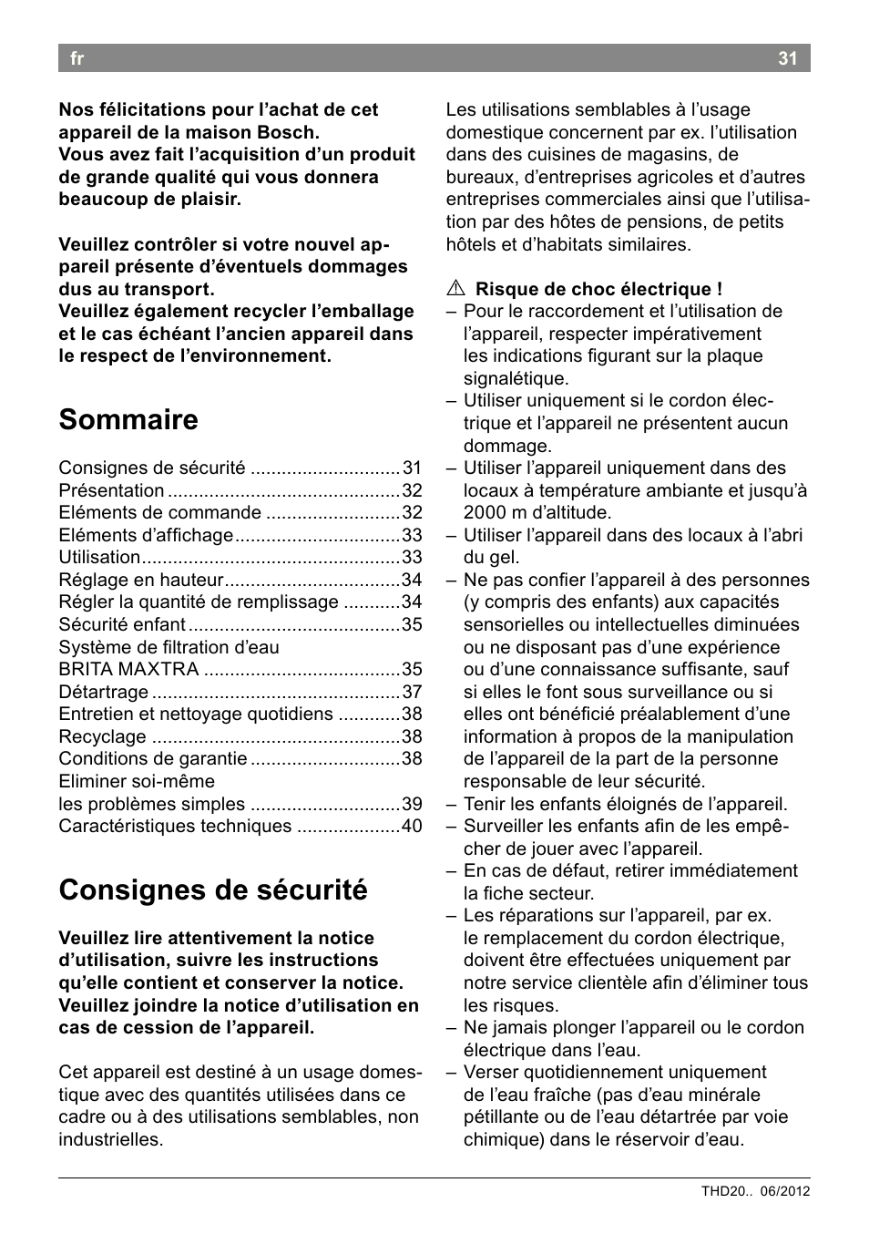 Sommaire, Consignes de sécurité | Bosch THD2023 Heißwasserspender Filtrino FastCup User Manual | Page 31 / 116