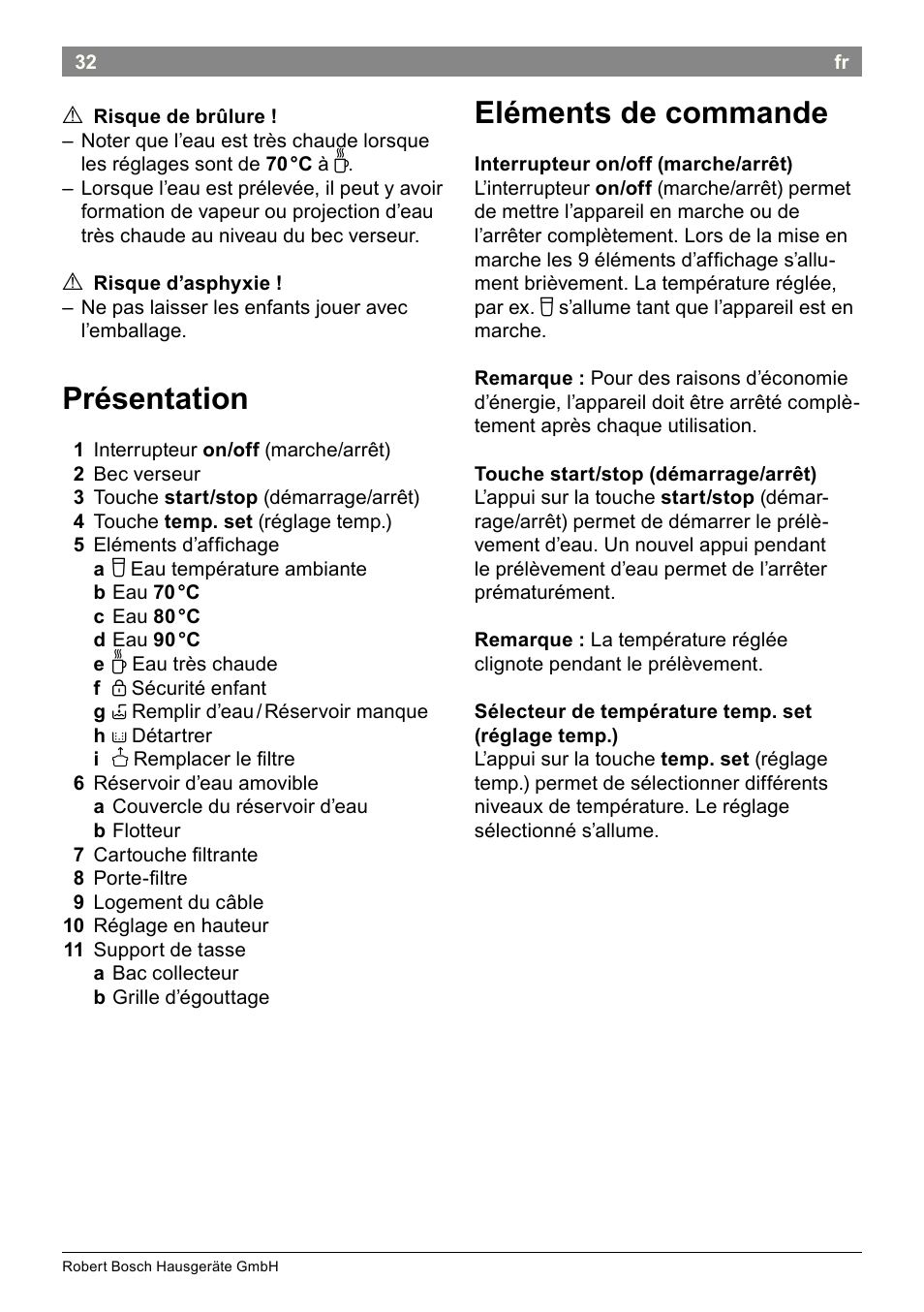 Eléments de commande, Présentation | Bosch THD2023 Heißwasserspender Filtrino FastCup User Manual | Page 32 / 116