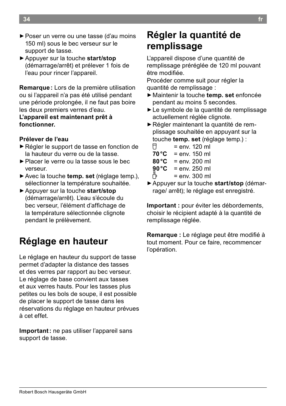 Réglage en hauteur, Régler la quantité de remplissage | Bosch THD2023 Heißwasserspender Filtrino FastCup User Manual | Page 34 / 116