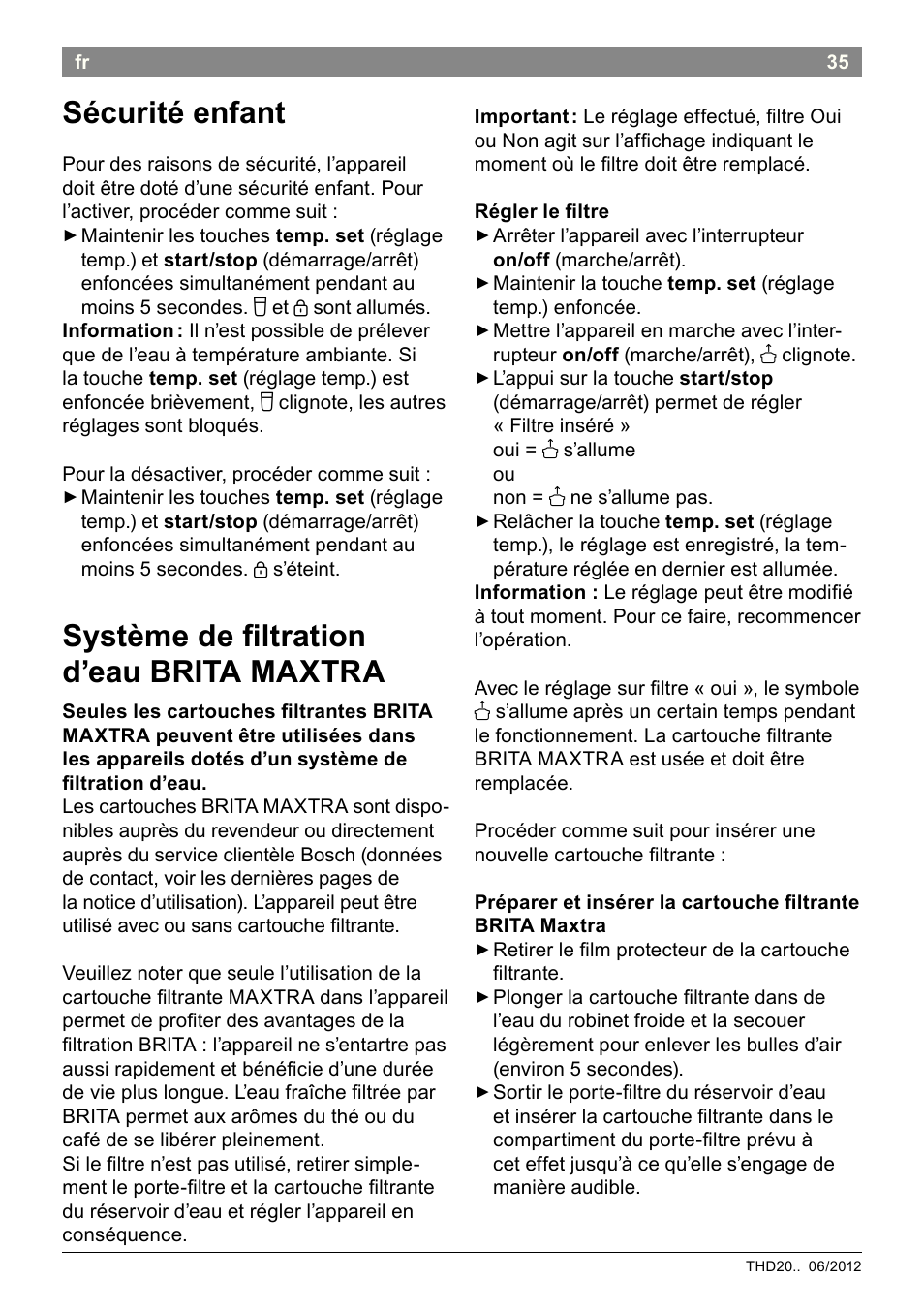 Sécurité enfant, Système de iltration d’eau brita maxtra | Bosch THD2023 Heißwasserspender Filtrino FastCup User Manual | Page 35 / 116