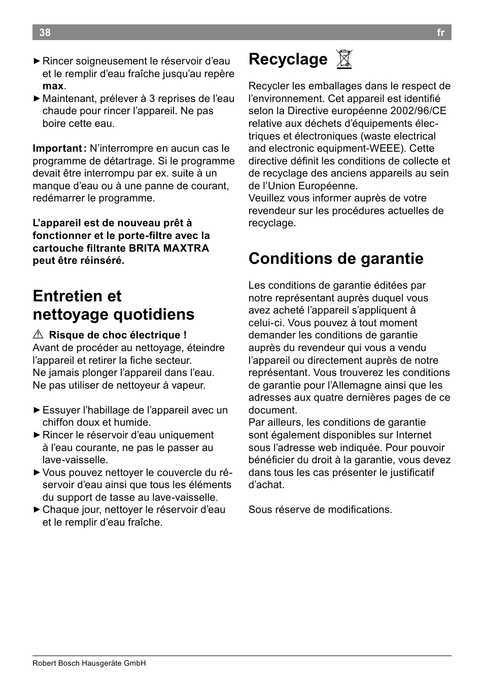 Entretien et nettoyage quotidiens, Recyclage, Conditions de garantie | Bosch THD2023 Heißwasserspender Filtrino FastCup User Manual | Page 38 / 116