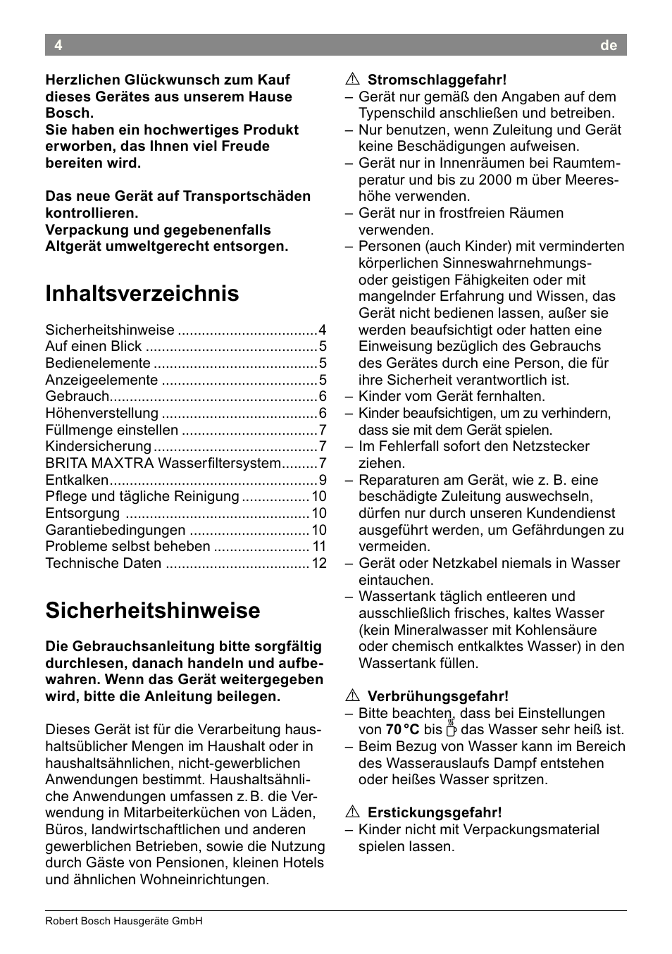 Bosch THD2023 Heißwasserspender Filtrino FastCup User Manual | Page 4 / 116