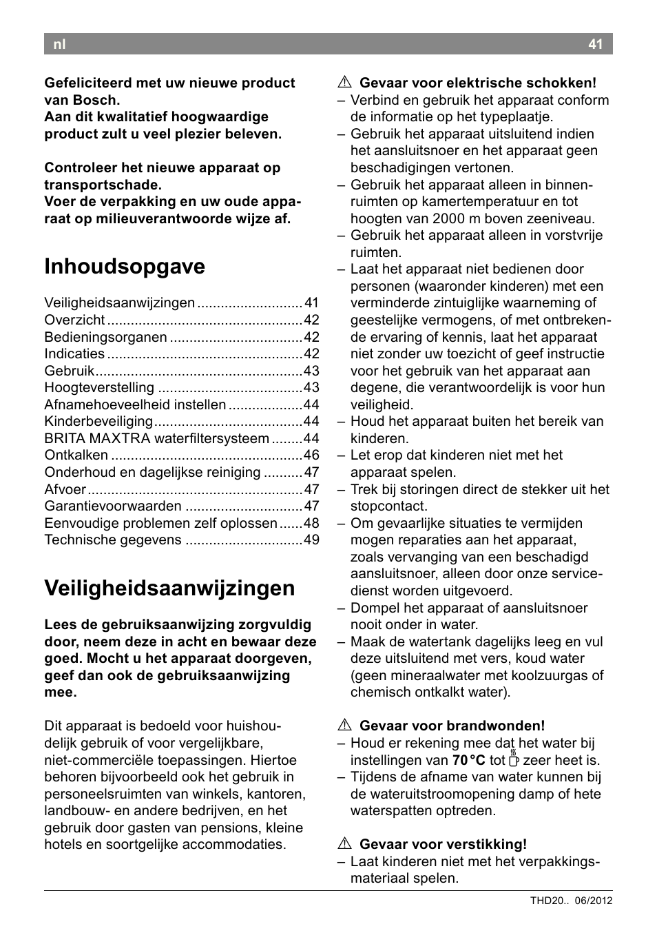 Inhoudsopgave, Veiligheidsaanwijzingen | Bosch THD2023 Heißwasserspender Filtrino FastCup User Manual | Page 41 / 116