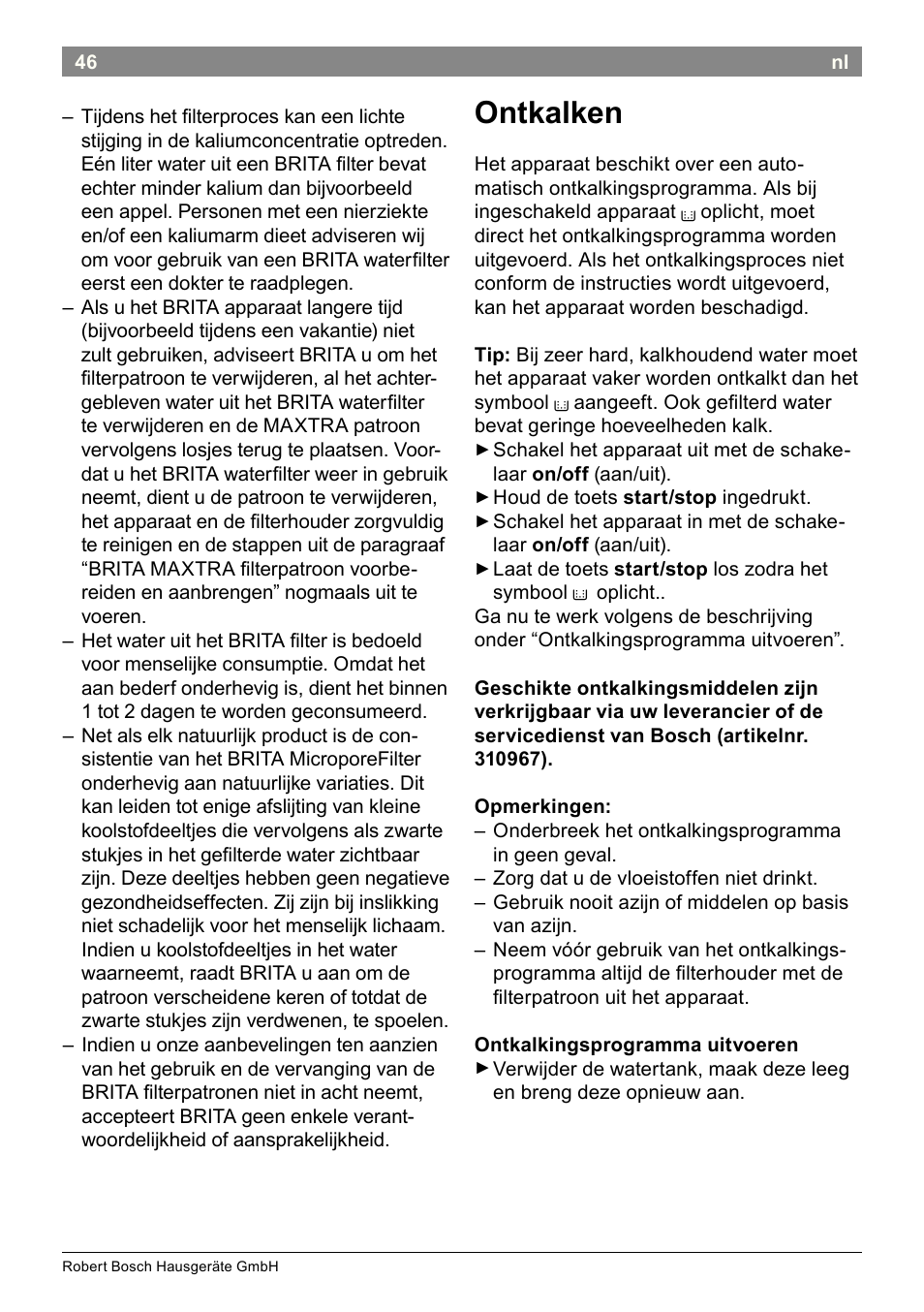 Ontkalken | Bosch THD2023 Heißwasserspender Filtrino FastCup User Manual | Page 46 / 116