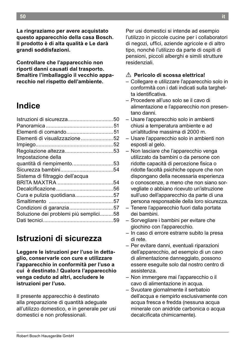 Indice, Istruzioni di sicurezza | Bosch THD2023 Heißwasserspender Filtrino FastCup User Manual | Page 50 / 116