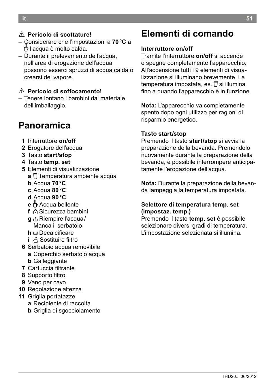 Panoramica, Elementi di comando | Bosch THD2023 Heißwasserspender Filtrino FastCup User Manual | Page 51 / 116