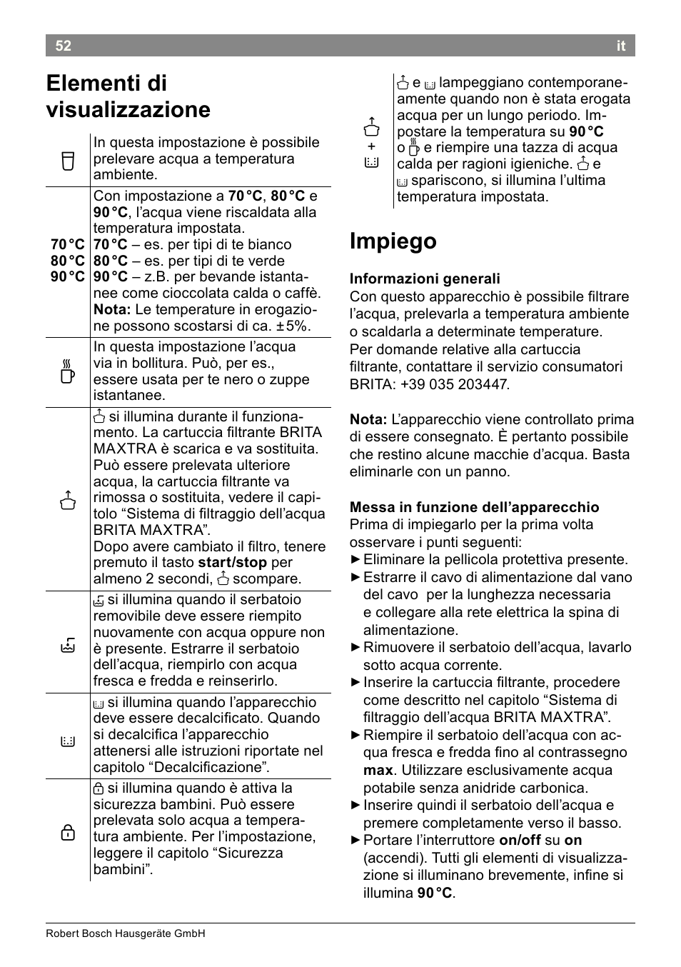 Elementi di visualizzazione, Impiego | Bosch THD2023 Heißwasserspender Filtrino FastCup User Manual | Page 52 / 116