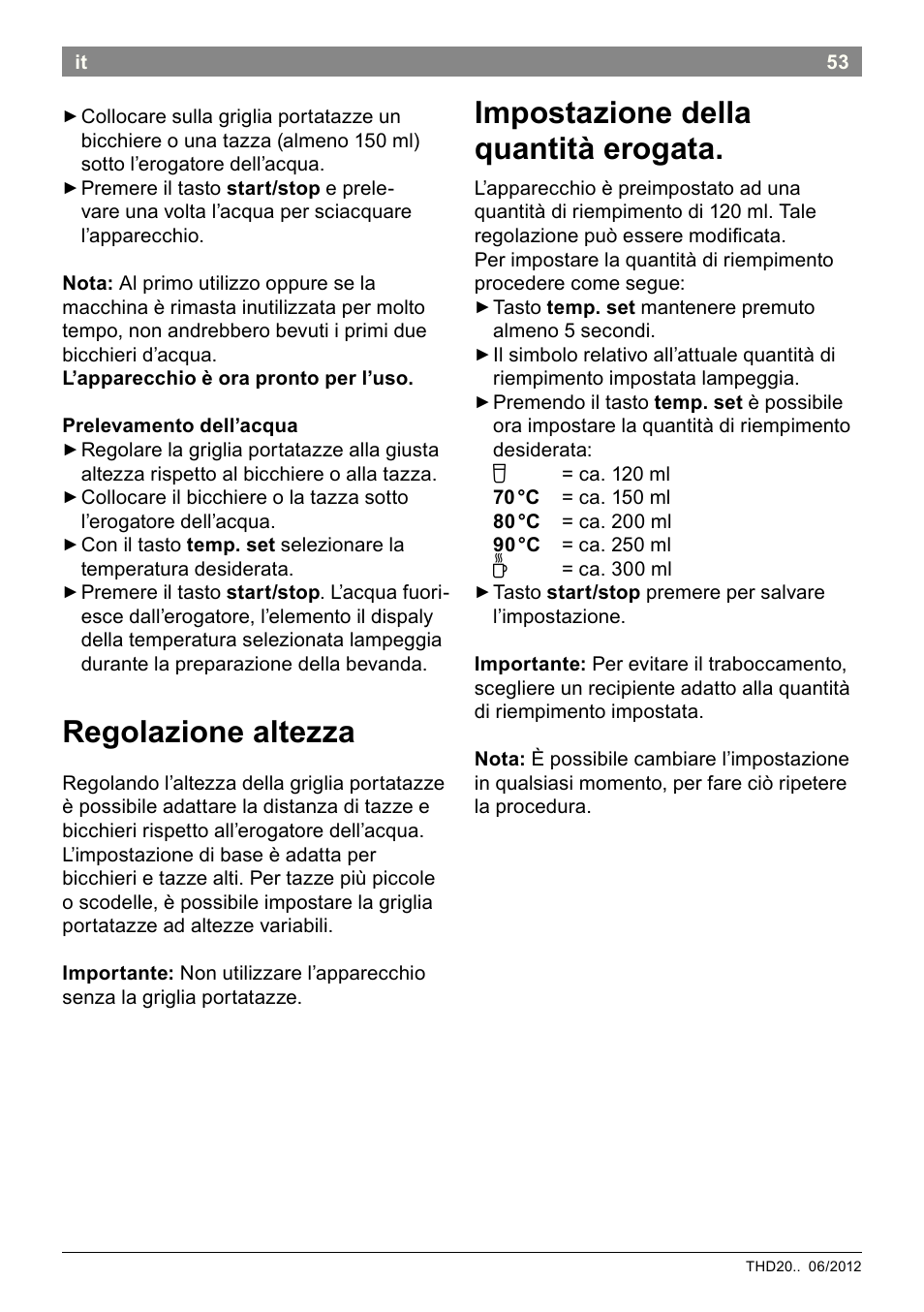 Regolazione altezza, Impostazione della quantità erogata | Bosch THD2023 Heißwasserspender Filtrino FastCup User Manual | Page 53 / 116