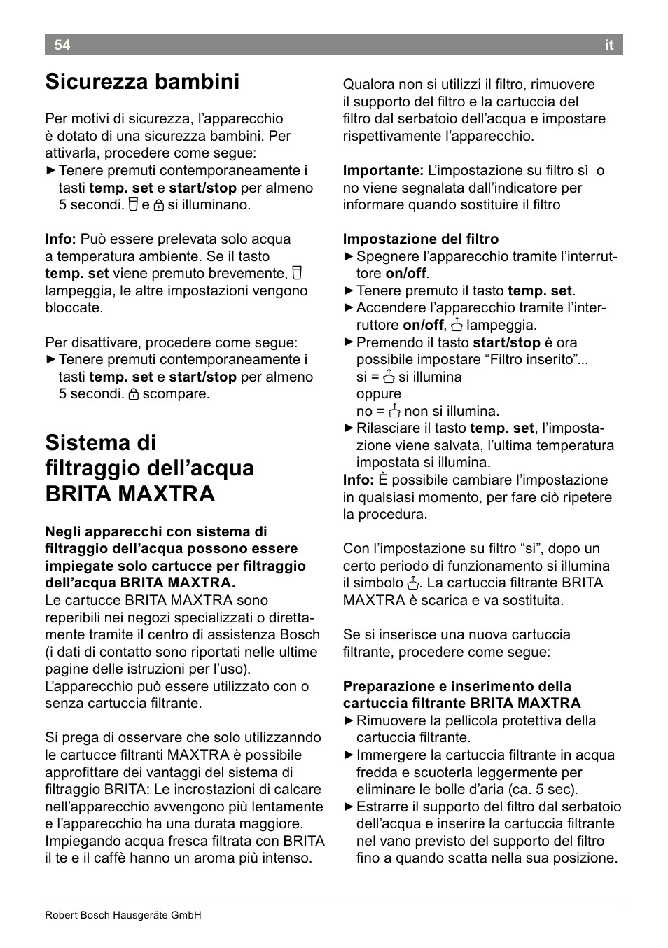 Sicurezza bambini, Sistema di iltraggio dell’acqua brita maxtra | Bosch THD2023 Heißwasserspender Filtrino FastCup User Manual | Page 54 / 116