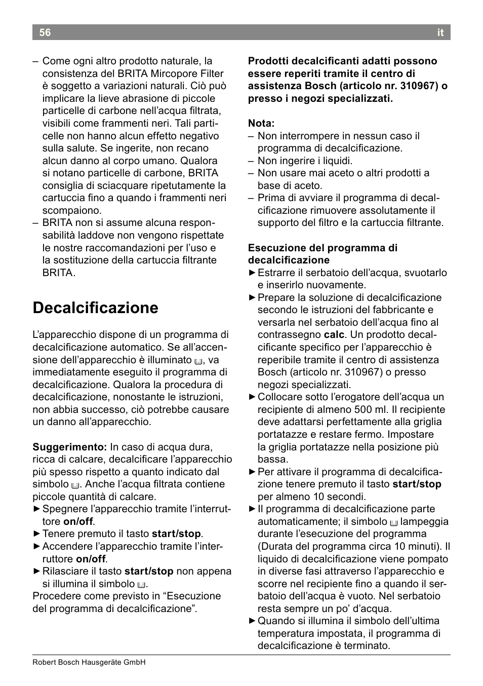 Decalciicazione | Bosch THD2023 Heißwasserspender Filtrino FastCup User Manual | Page 56 / 116