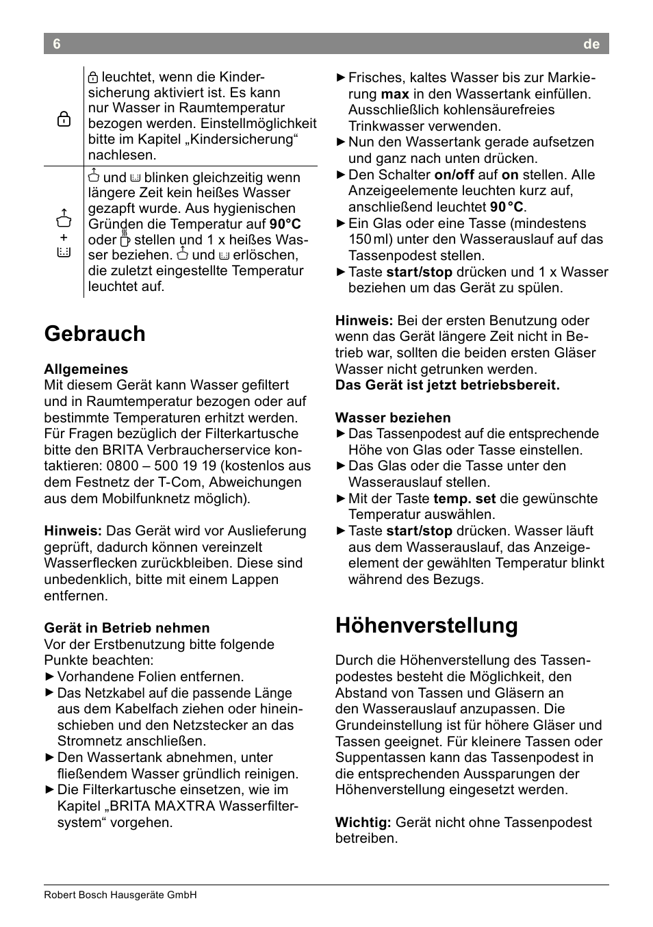 Gebrauch, Höhenverstellung | Bosch THD2023 Heißwasserspender Filtrino FastCup User Manual | Page 6 / 116