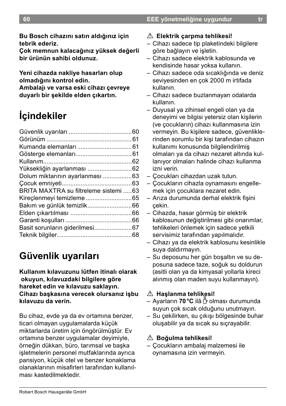 Içindekiler, Güvenlik uyarıları | Bosch THD2023 Heißwasserspender Filtrino FastCup User Manual | Page 60 / 116