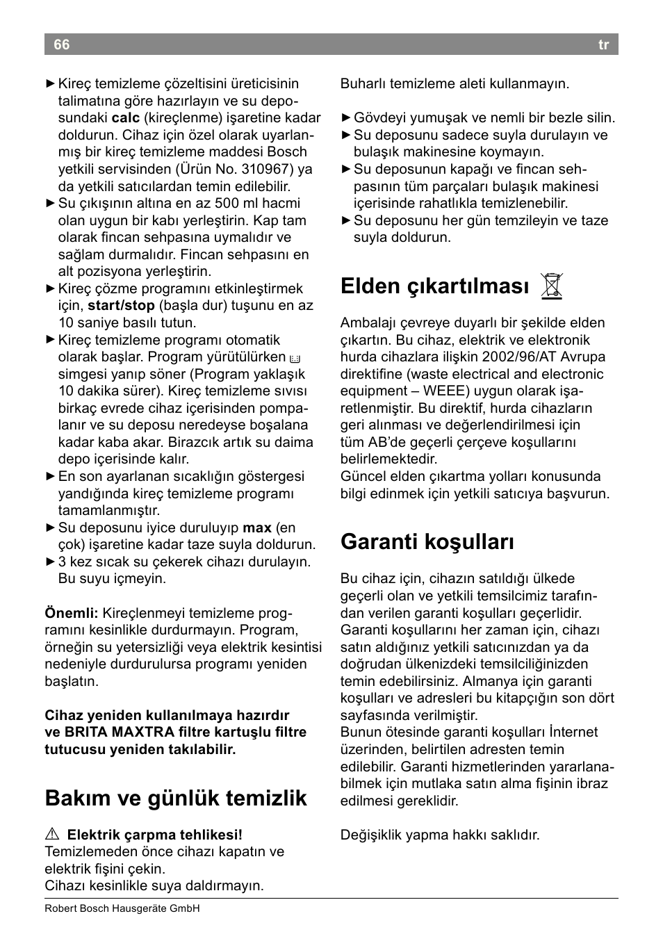 Bakım ve günlük temizlik, Elden çıkartılması, Garanti koşulları | Bosch THD2023 Heißwasserspender Filtrino FastCup User Manual | Page 66 / 116