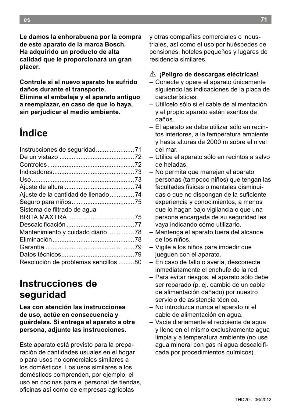 Índice, Instrucciones de seguridad | Bosch THD2023 Heißwasserspender Filtrino FastCup User Manual | Page 71 / 116