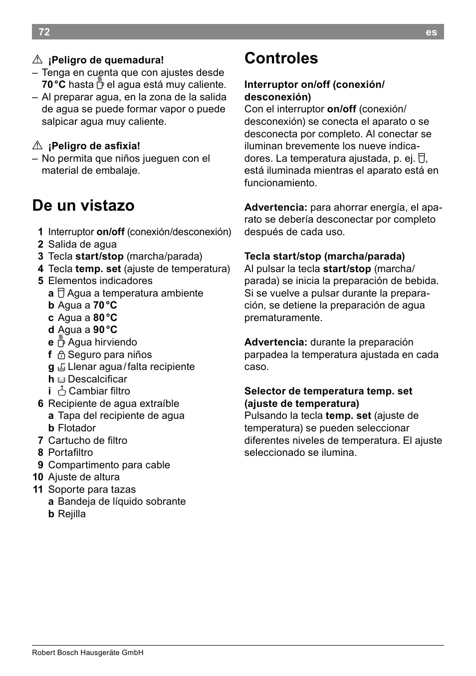 De un vistazo, Controles | Bosch THD2023 Heißwasserspender Filtrino FastCup User Manual | Page 72 / 116