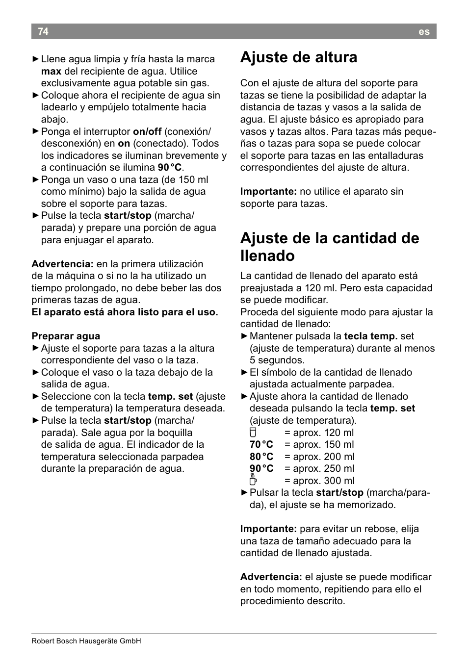 Ajuste de altura, Ajuste de la cantidad de llenado | Bosch THD2023 Heißwasserspender Filtrino FastCup User Manual | Page 74 / 116