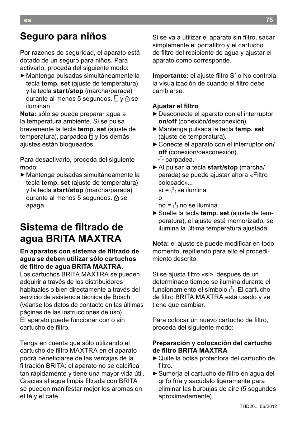 Seguro para niños, Sistema de iltrado de agua brita maxtra | Bosch THD2023 Heißwasserspender Filtrino FastCup User Manual | Page 75 / 116