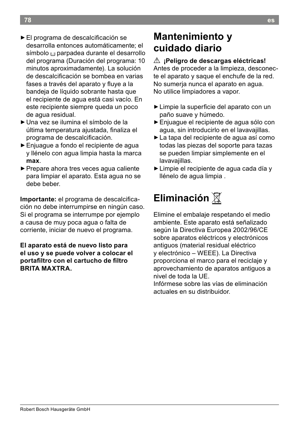 Mantenimiento y cuidado diario, Eliminación | Bosch THD2023 Heißwasserspender Filtrino FastCup User Manual | Page 78 / 116