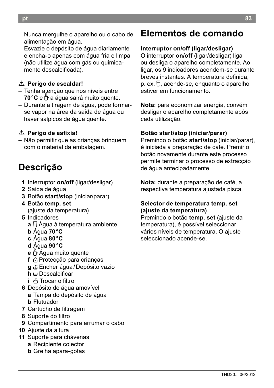 Descrição, Elementos de comando | Bosch THD2023 Heißwasserspender Filtrino FastCup User Manual | Page 83 / 116