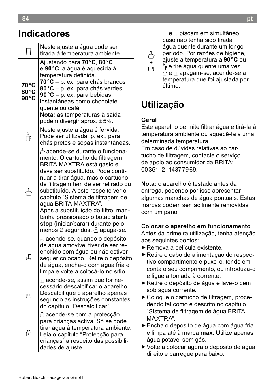 Indicadores, Utilização | Bosch THD2023 Heißwasserspender Filtrino FastCup User Manual | Page 84 / 116