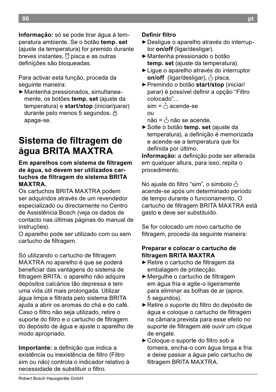 Sistema de iltragem de água brita maxtra | Bosch THD2023 Heißwasserspender Filtrino FastCup User Manual | Page 86 / 116