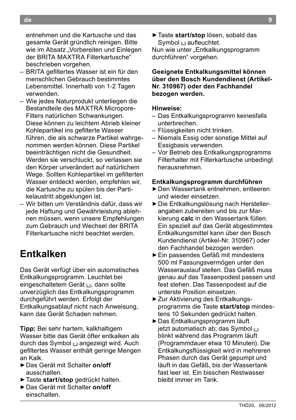 Entkalken | Bosch THD2023 Heißwasserspender Filtrino FastCup User Manual | Page 9 / 116