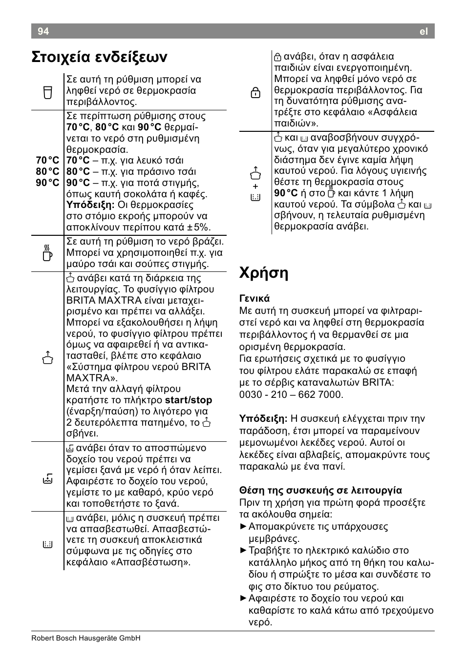 Στοιχεία ενδείξεων, Χρήση | Bosch THD2023 Heißwasserspender Filtrino FastCup User Manual | Page 94 / 116