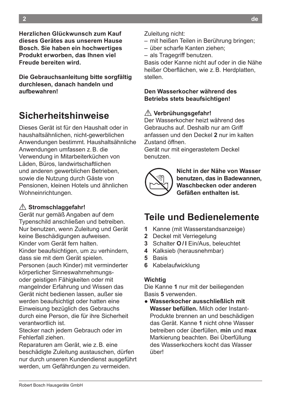 Sicherheitshinweise, Teile und bedienelemente | Bosch TWK3A014 Kunststoff Wasserkocher CompactClass Primärfarbe rot Sekundärfarbe Hellgrau User Manual | Page 4 / 62