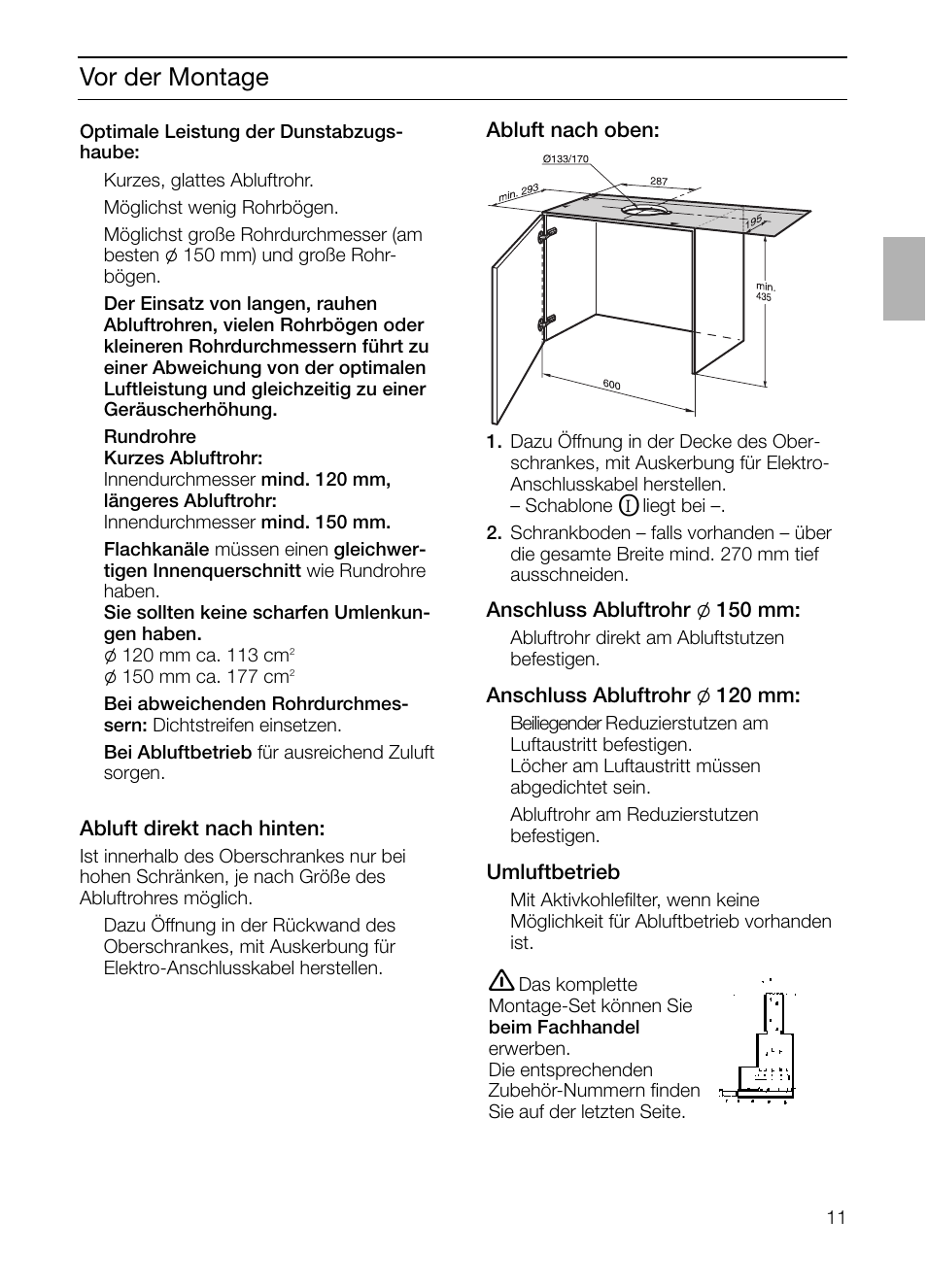 Vor der montage | Bosch DHI755F grau-metallic Flachschirmhaube 70 cm User Manual | Page 11 / 96