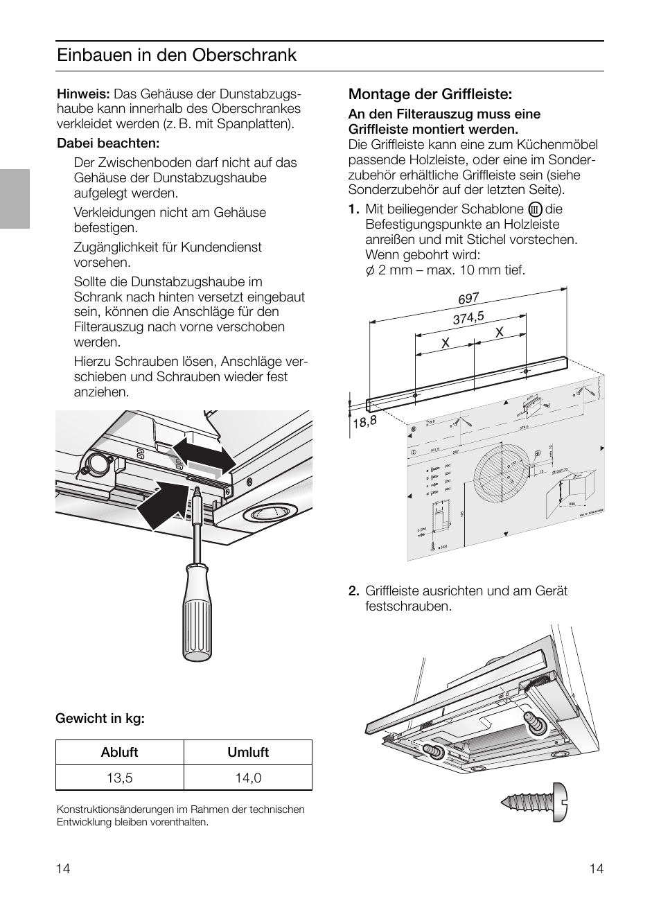 Einbauen in den oberschrank | Bosch DHI755F grau-metallic Flachschirmhaube 70 cm User Manual | Page 14 / 96