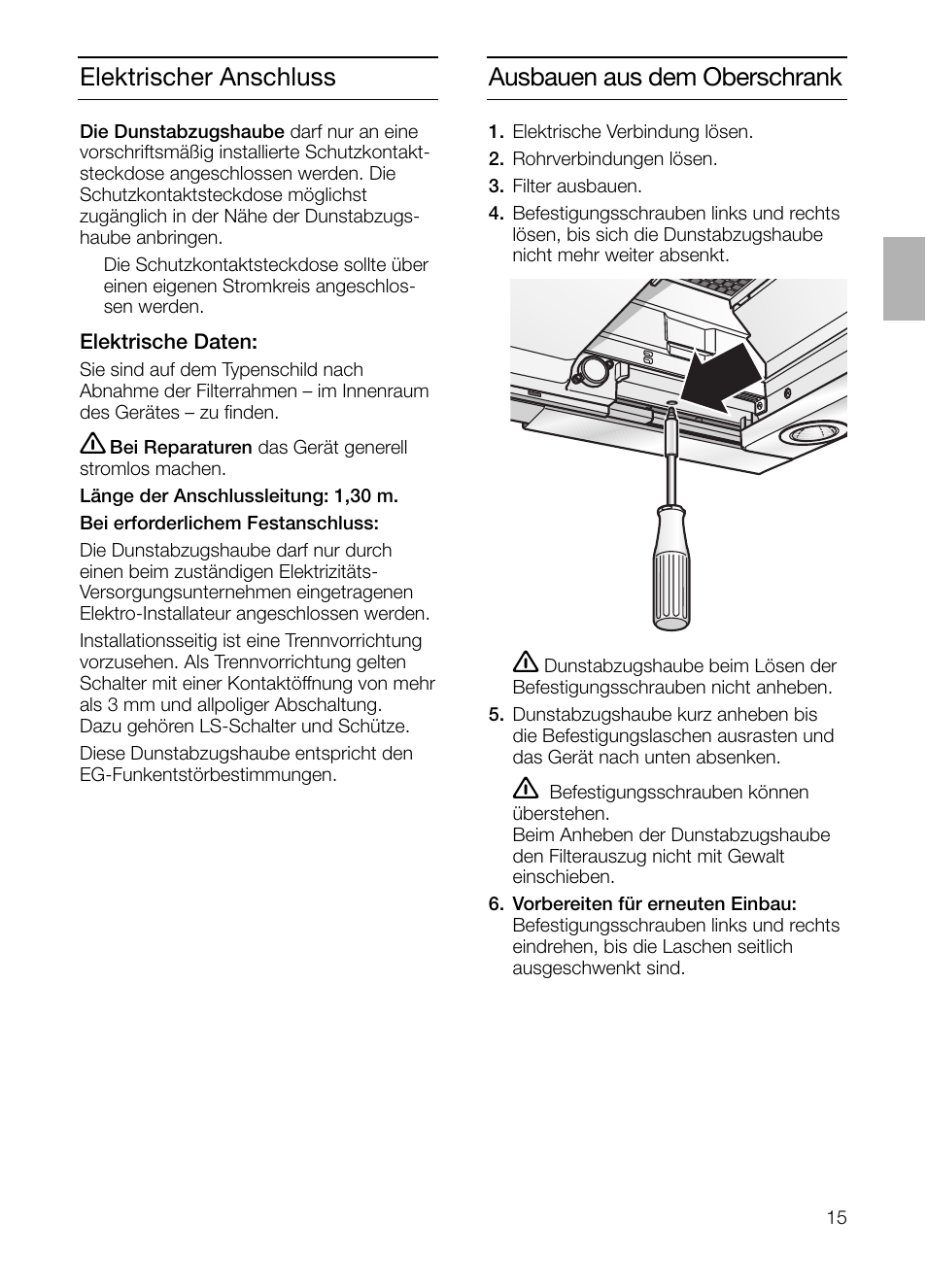 Ausbauen aus dem oberschrank, Elektrischer anschluss | Bosch DHI755F grau-metallic Flachschirmhaube 70 cm User Manual | Page 15 / 96