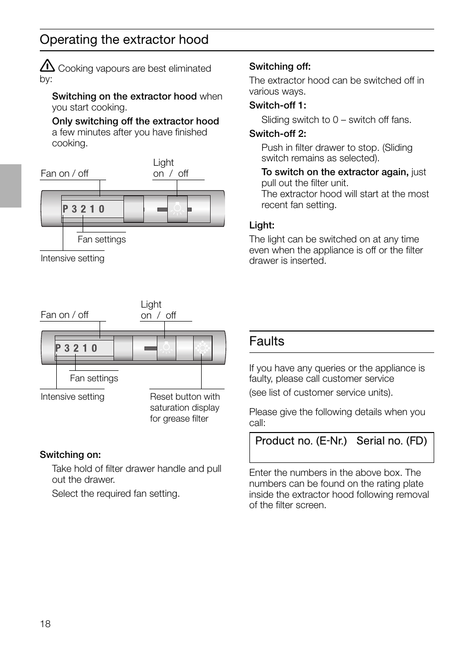 Operating the extractor hood, Faults | Bosch DHI755F grau-metallic Flachschirmhaube 70 cm User Manual | Page 18 / 96