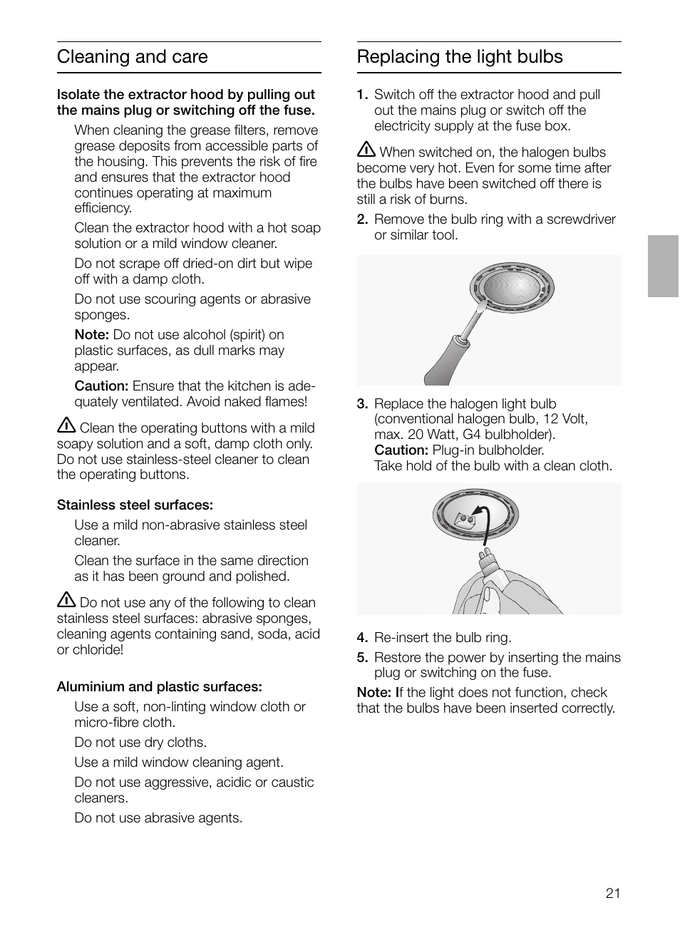 Cleaning and care, Replacing the light bulbs | Bosch DHI755F grau-metallic Flachschirmhaube 70 cm User Manual | Page 21 / 96