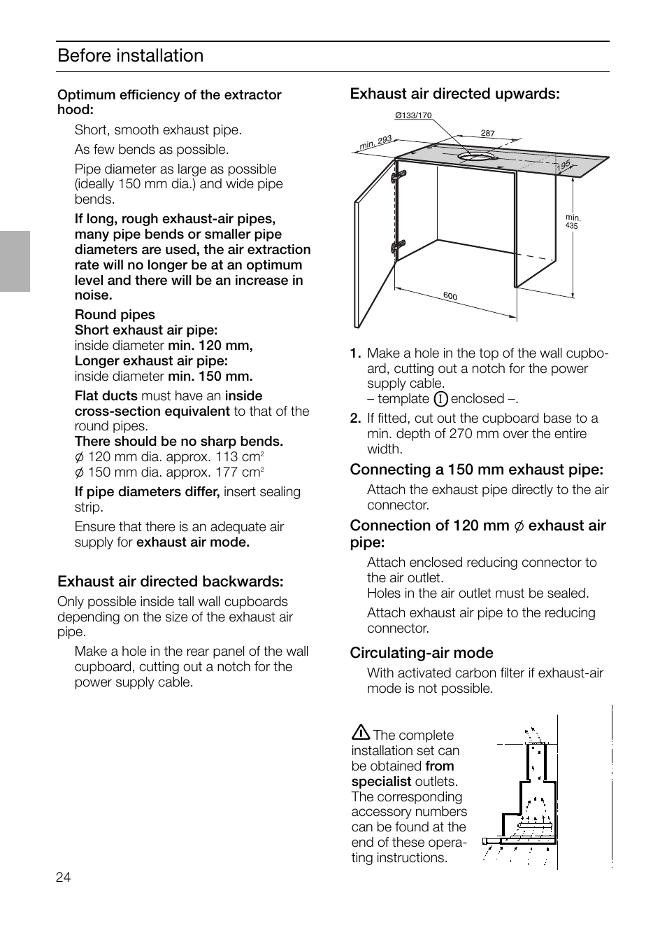Before installation | Bosch DHI755F grau-metallic Flachschirmhaube 70 cm User Manual | Page 24 / 96