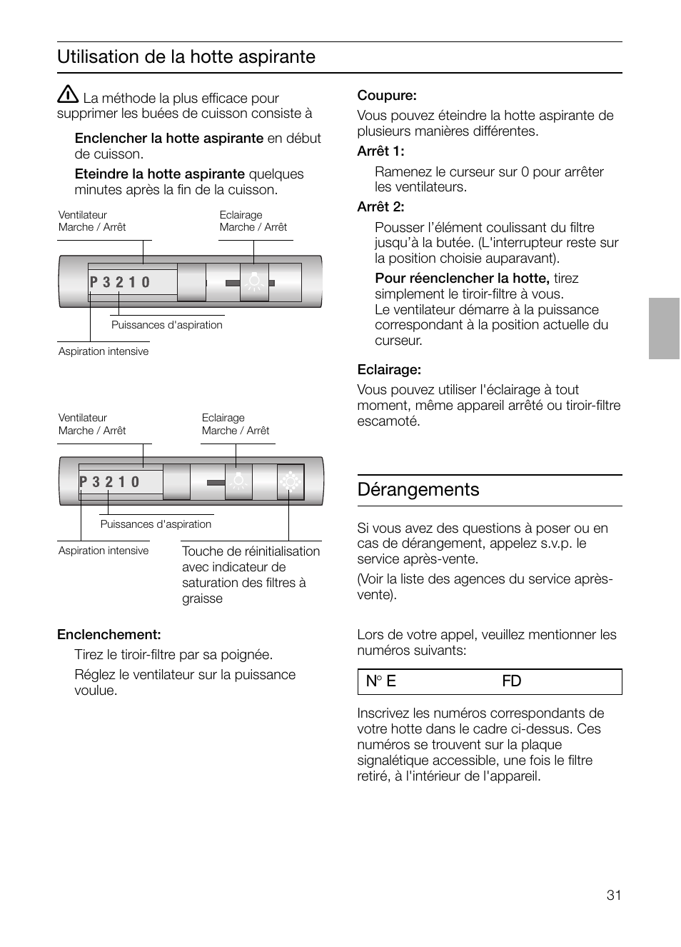 Utilisation de la hotte aspirante, Dérangements | Bosch DHI755F grau-metallic Flachschirmhaube 70 cm User Manual | Page 31 / 96