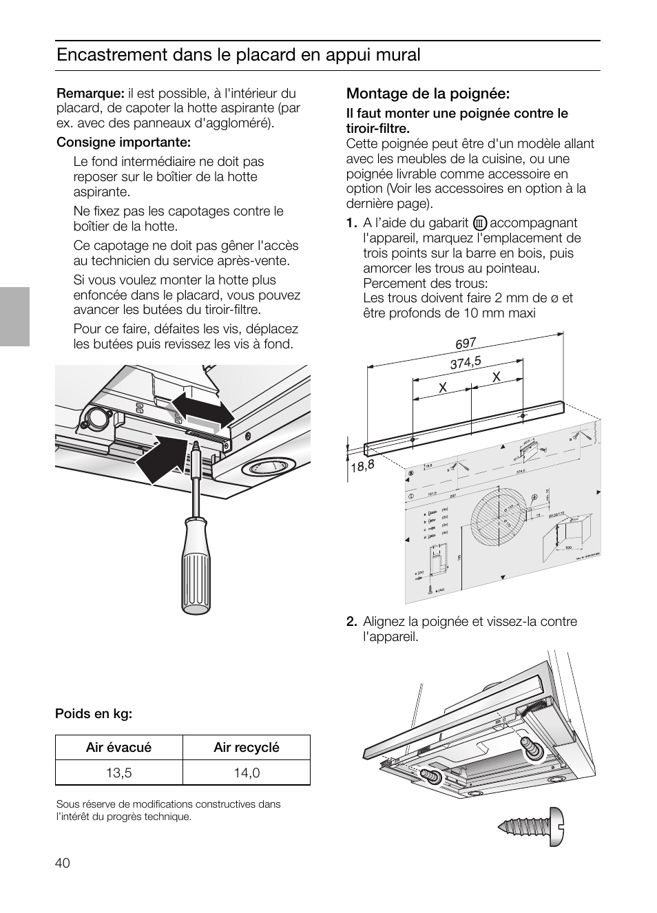 Encastrement dans le placard en appui mural | Bosch DHI755F grau-metallic Flachschirmhaube 70 cm User Manual | Page 40 / 96