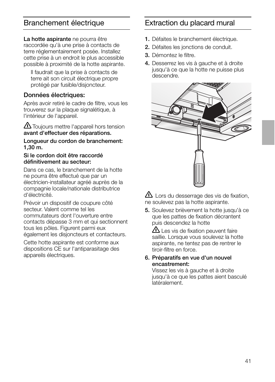 Extraction du placard mural, Branchement électrique | Bosch DHI755F grau-metallic Flachschirmhaube 70 cm User Manual | Page 41 / 96