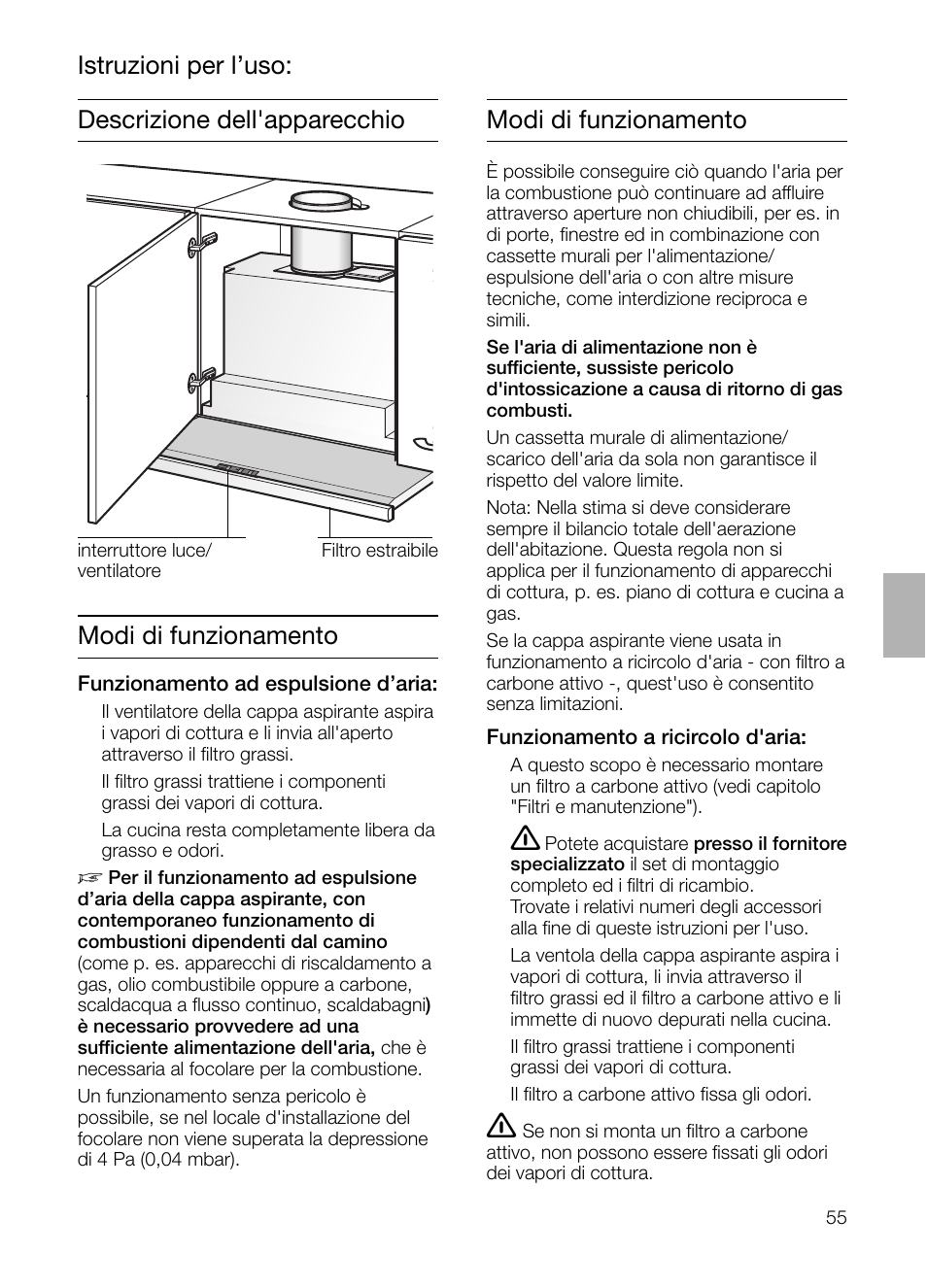 Modi di funzionamento | Bosch DHI755F grau-metallic Flachschirmhaube 70 cm User Manual | Page 55 / 96