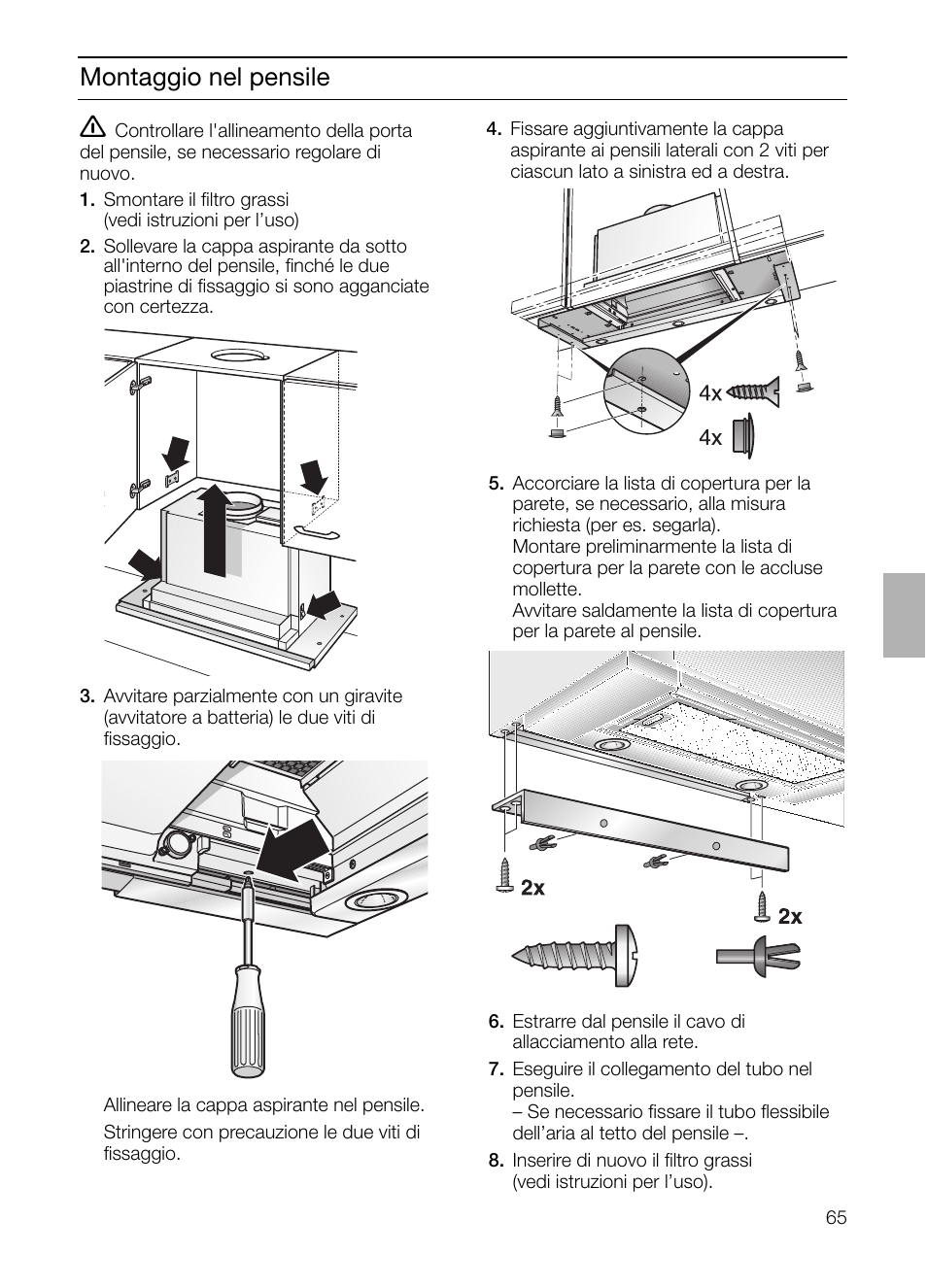 Montaggio nel pensile | Bosch DHI755F grau-metallic Flachschirmhaube 70 cm User Manual | Page 65 / 96