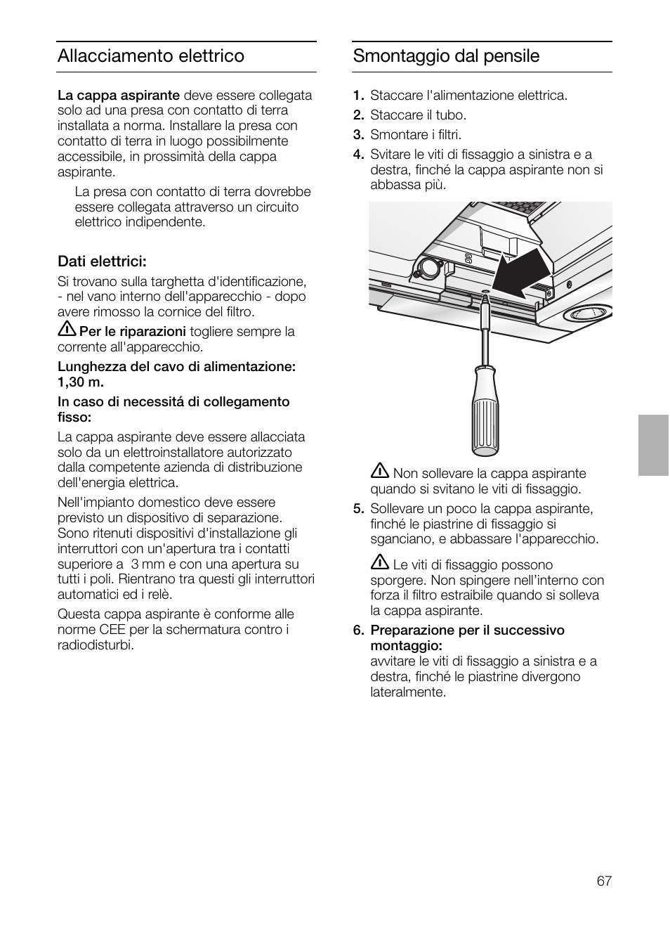 Smontaggio dal pensile, Allacciamento elettrico | Bosch DHI755F grau-metallic Flachschirmhaube 70 cm User Manual | Page 67 / 96