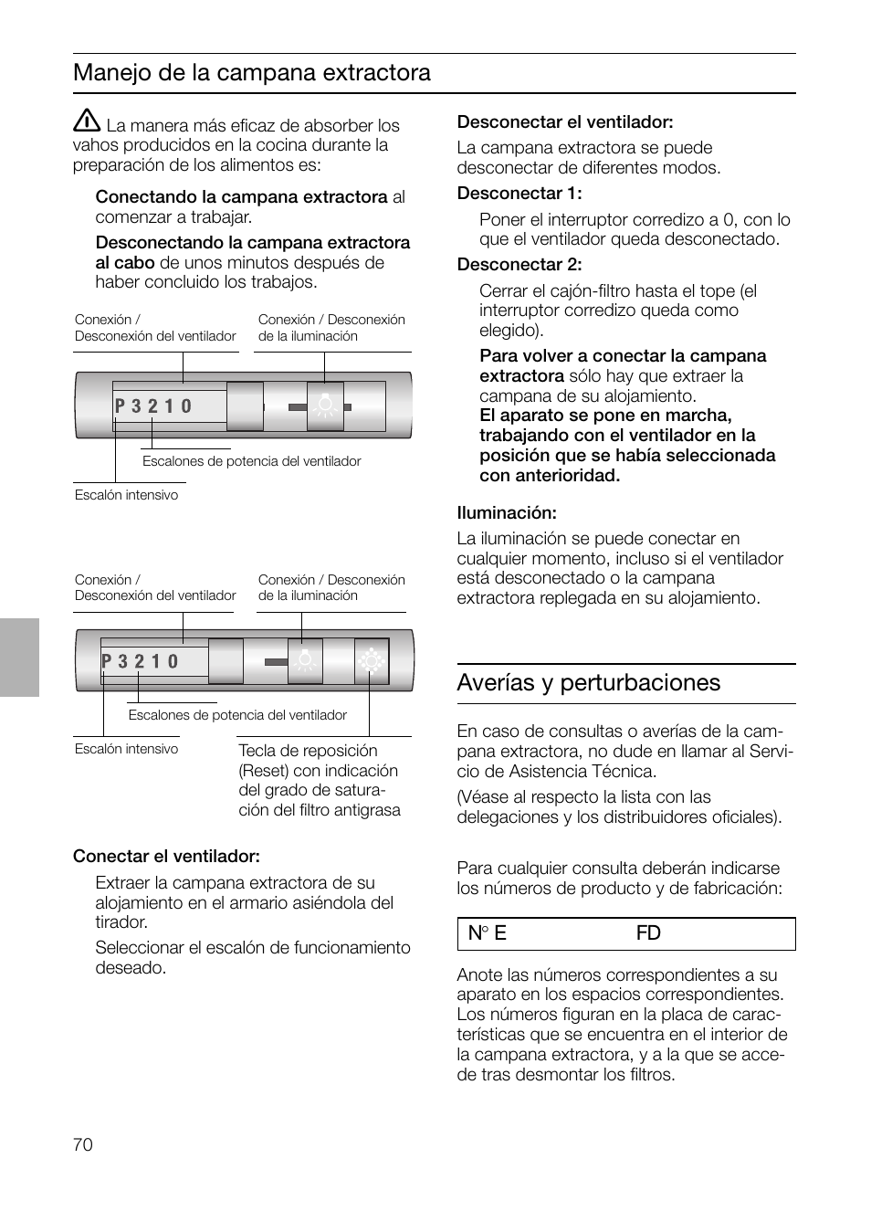 Manejo de la campana extractora, Averías y perturbaciones | Bosch DHI755F grau-metallic Flachschirmhaube 70 cm User Manual | Page 70 / 96