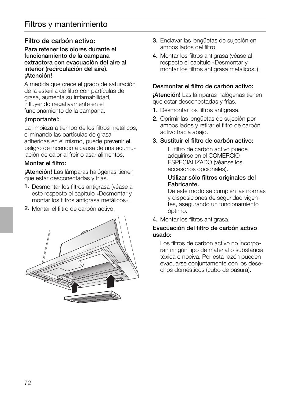 Filtros y mantenimiento | Bosch DHI755F grau-metallic Flachschirmhaube 70 cm User Manual | Page 72 / 96